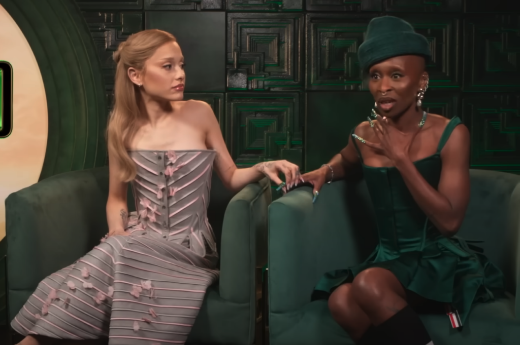Actors Ariana Grande and Cynthia Erivo during an interview for the film Wicked.